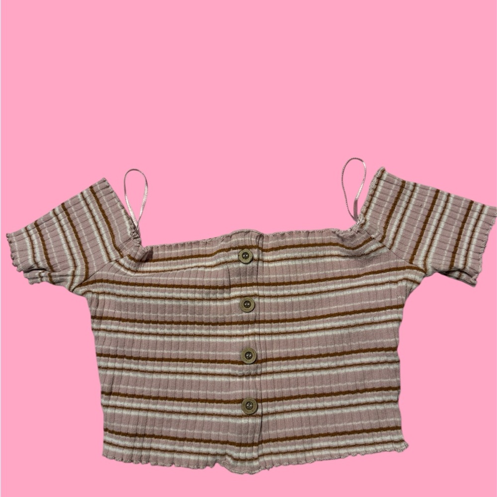 Adorable Pink and Brown Striped  off the shoulder Crop Top 🌸🤎